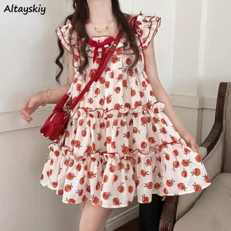 

Summer Strawberry Dresses Women Mini Slash Neck Lace-up Lolita Japanese Style Sweet Kawaii Girls Age-reducing Party Loose Cute