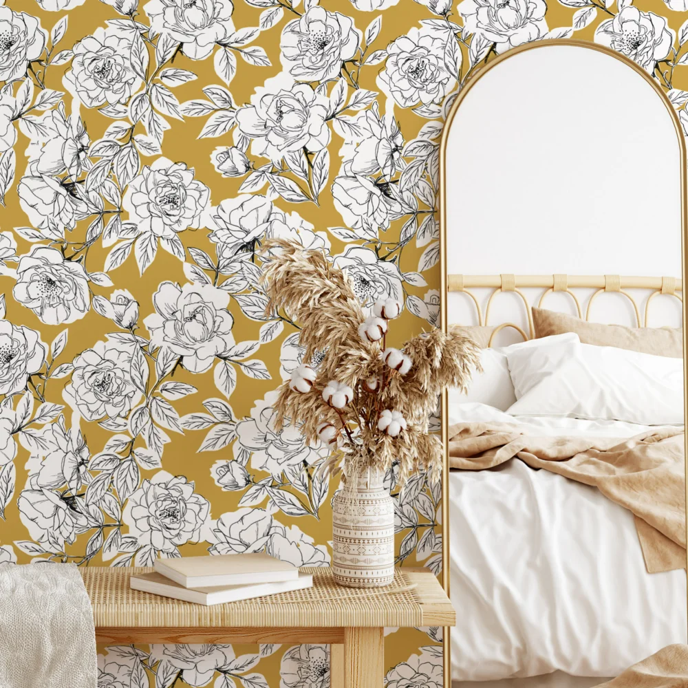 Yellow/grey  Peony Floral Bohemian Style Pvc Wallpaper Suitable For Home Decoration Background Wall Room Decoration Stickers