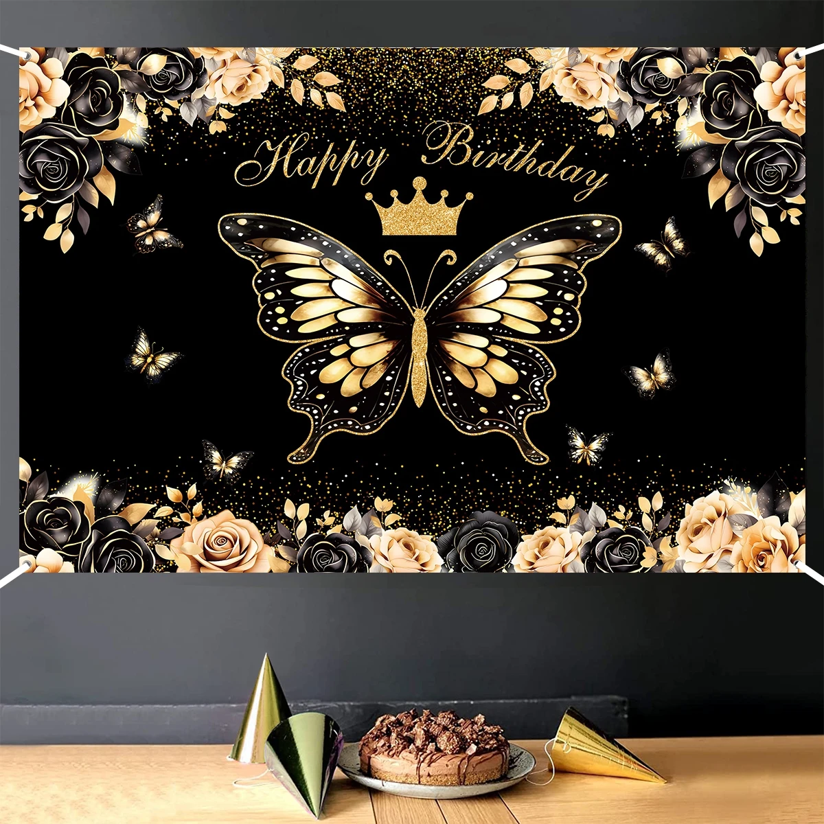 

Butterfly Background Black Gold Butterfly Happy Birthday Party Backdrop Photo Studio Prop Photography Princess Party Supplies