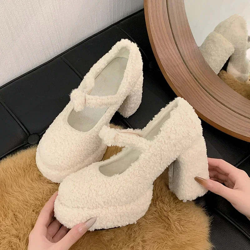 

High Heels Fur Women Mary Jane Shoes Chunky Designer Fashion Dress Boots Woman 2024 Trend Sexy Party Elegant Zapatillas De Mujer