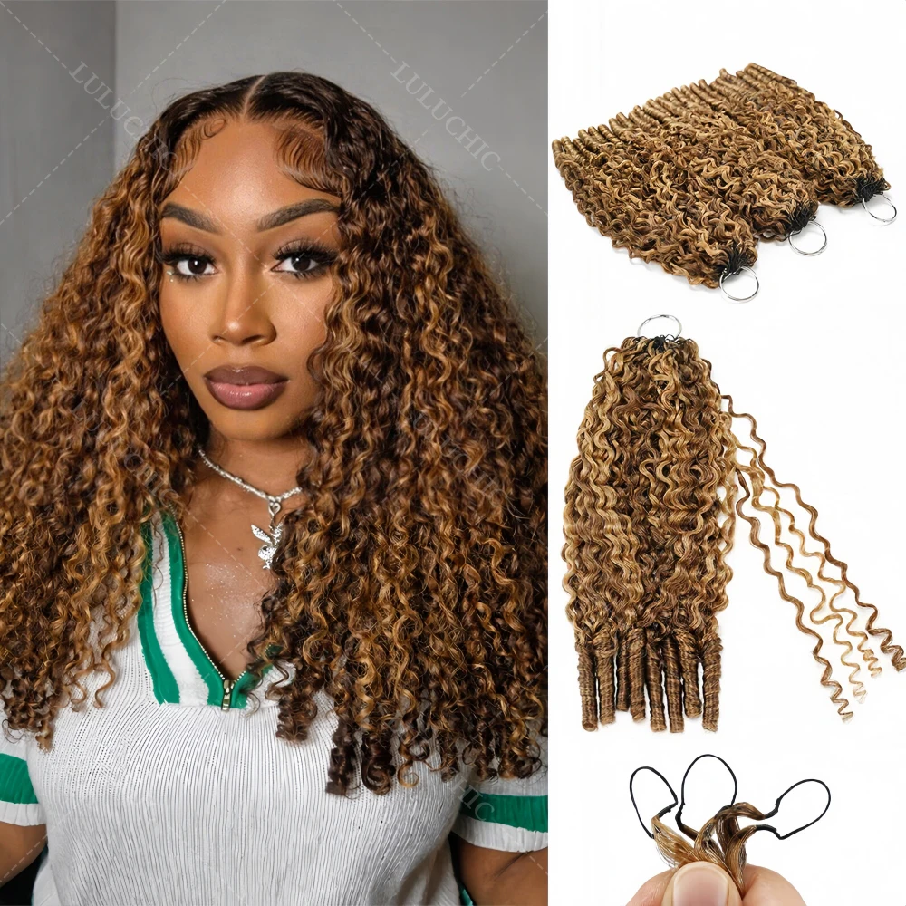 4/27 Brown Highlight Human Crochet Hair Pre Looped Burmese Curly Feather Crochet Real Human Hair Extension With Spiral Curly End