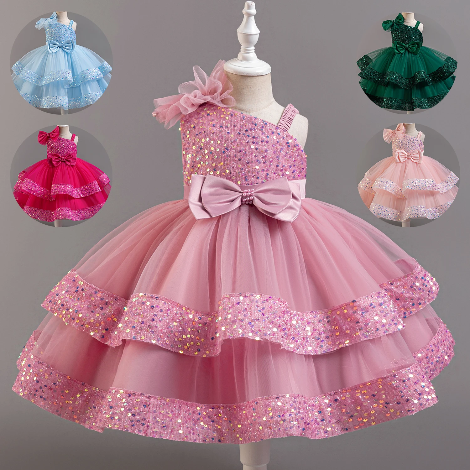 1-5 Years Girls Beaded Bow Tie Sequin Mesh Children's Sleeveless Evening Dress School Graduation Party Multi Layered Dress