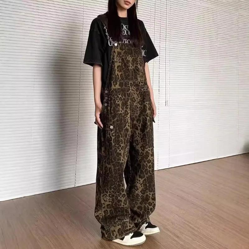 2025년 신상 여성 의류 레오파드 프린트 데님 오버롤 가을 겨울 루즈핏 데님 와이드 팬츠 여성 캐주얼 데님 점프수트 트렌드