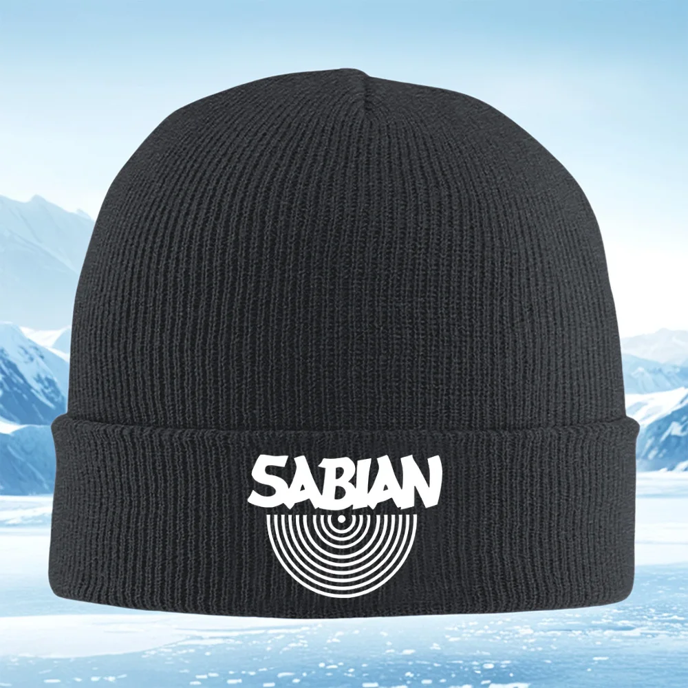 Blanc SABIAN logo design circulaire Hommes Femmes Unisexe Tricoté Chapeau Beanie Pull Cap Hiver Thermique Chaud Noël En Plein Air Cyclisme