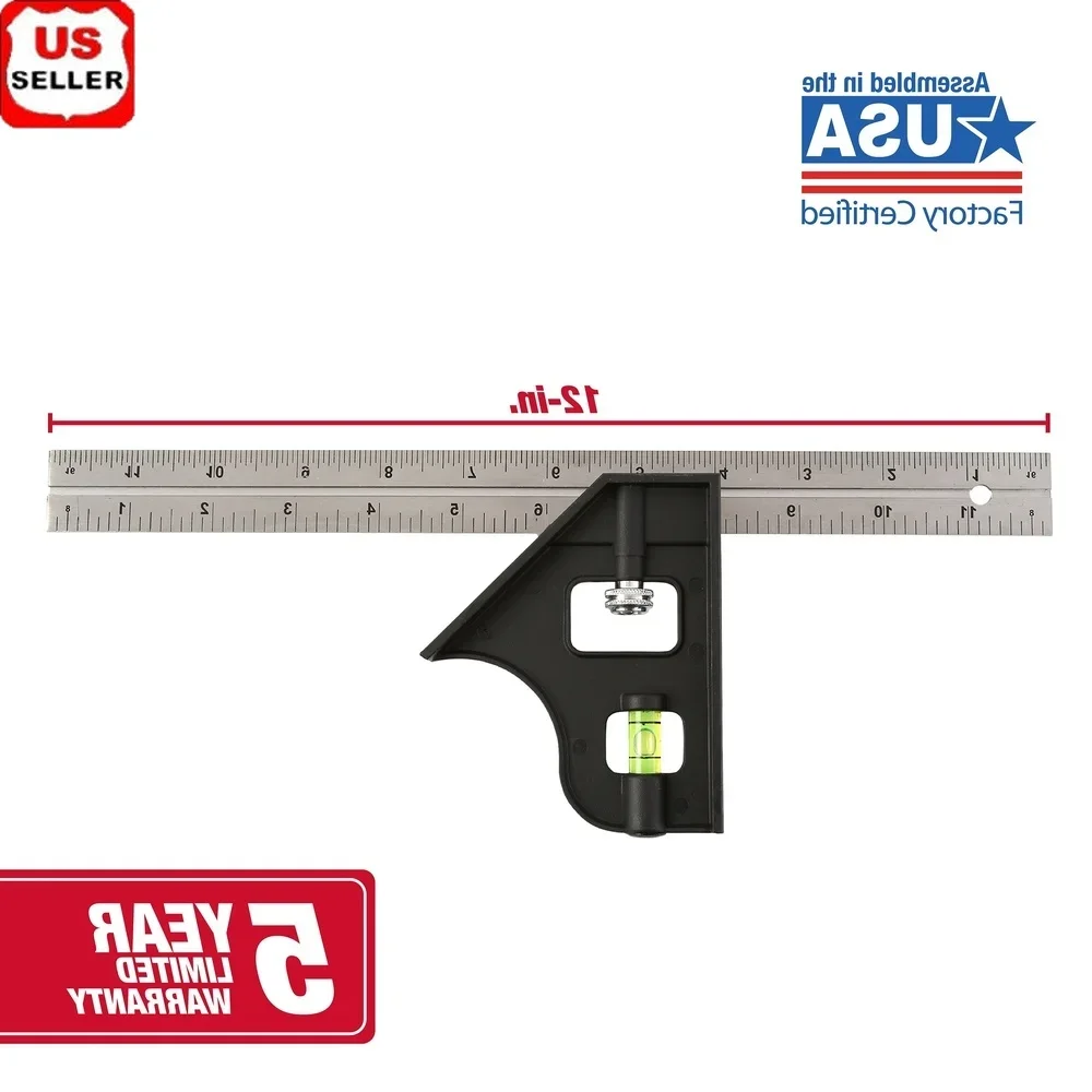 

12 Inch Steel Combination Square Adjustable Tool with Bubble Level Accurate Measurement Angles Remodeling Building Projects