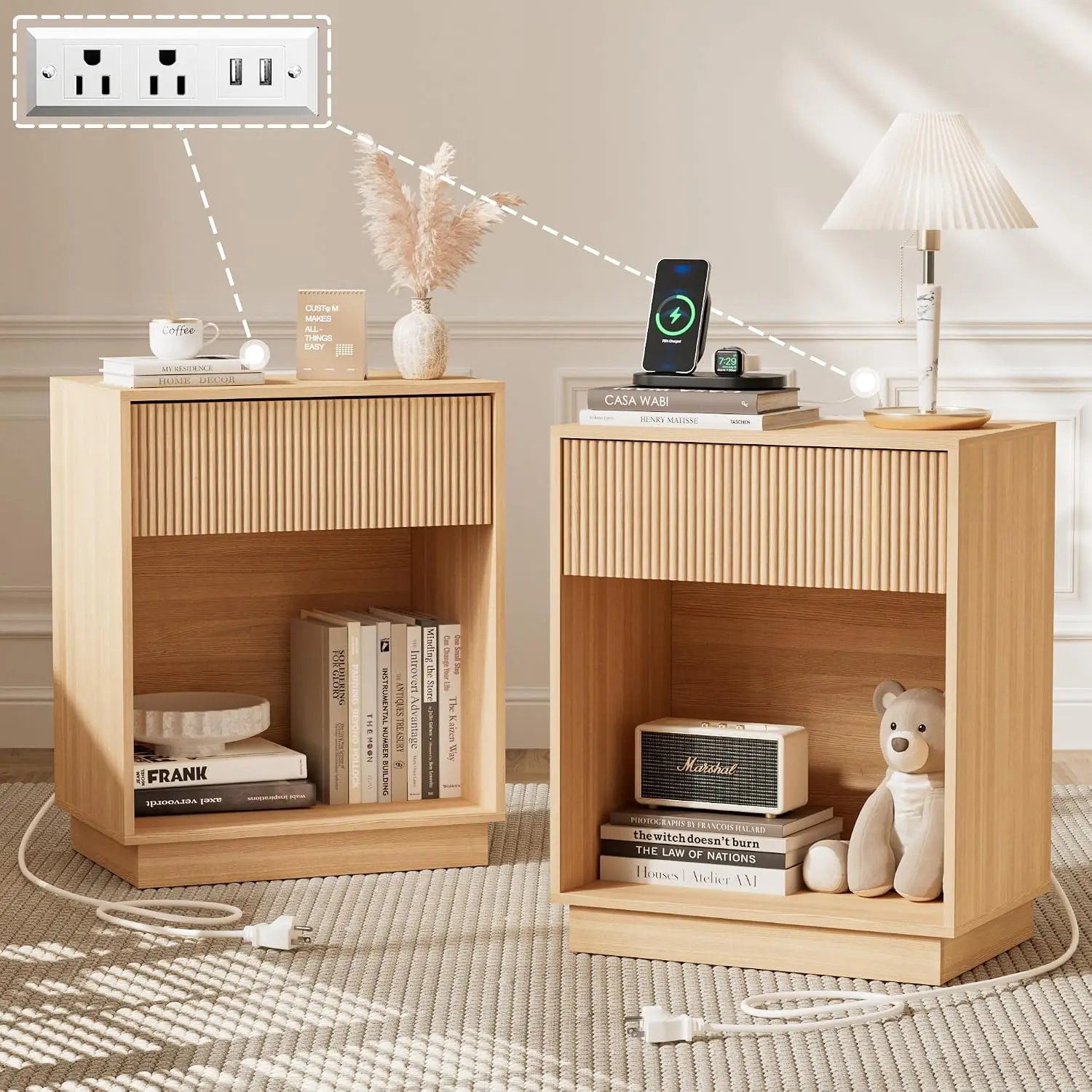 Fluted Nightstands Set of 2, Night Stand with Charging Station, Modern Bed Side Table with Drawer and Storage Shelf, Wood Mid