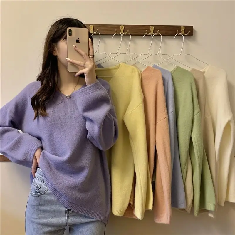 

Winter Women's Sweater Oversize 2023 Warm V-Neck Sweater Knitted Loose Jumper Pullover Warm Clothes Sweaters For Women Knitwears