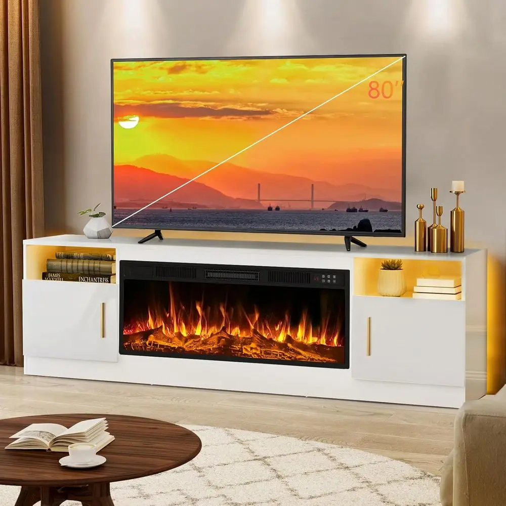 

70 LED Lit Entertainment Center with Spacious Storage Cabinet for Living Room, White