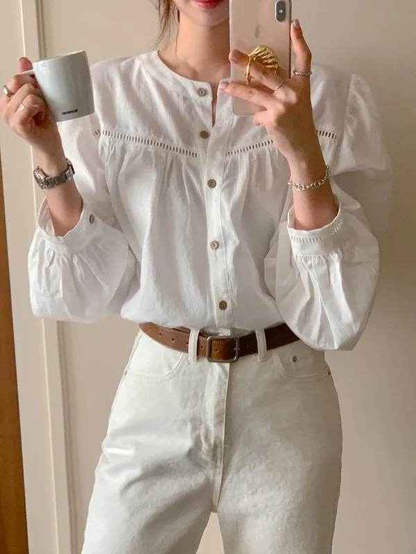 White Long Sve round Ne Hollow out Slimming Women's irt Korean Sle Spring Autumn Design Casual Faion Top