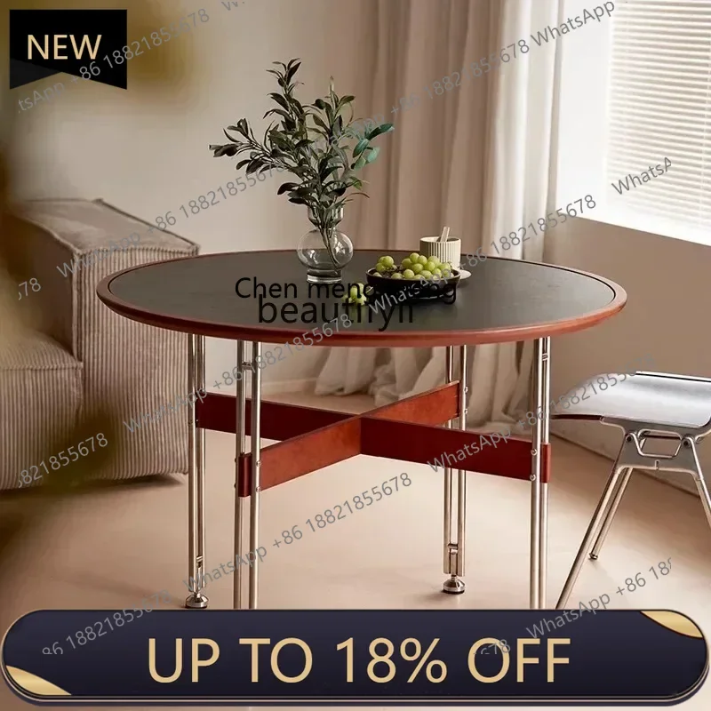 

P178 Medieval wabi sand wind rock slab round dining table simple retro walnut stainless steel round table