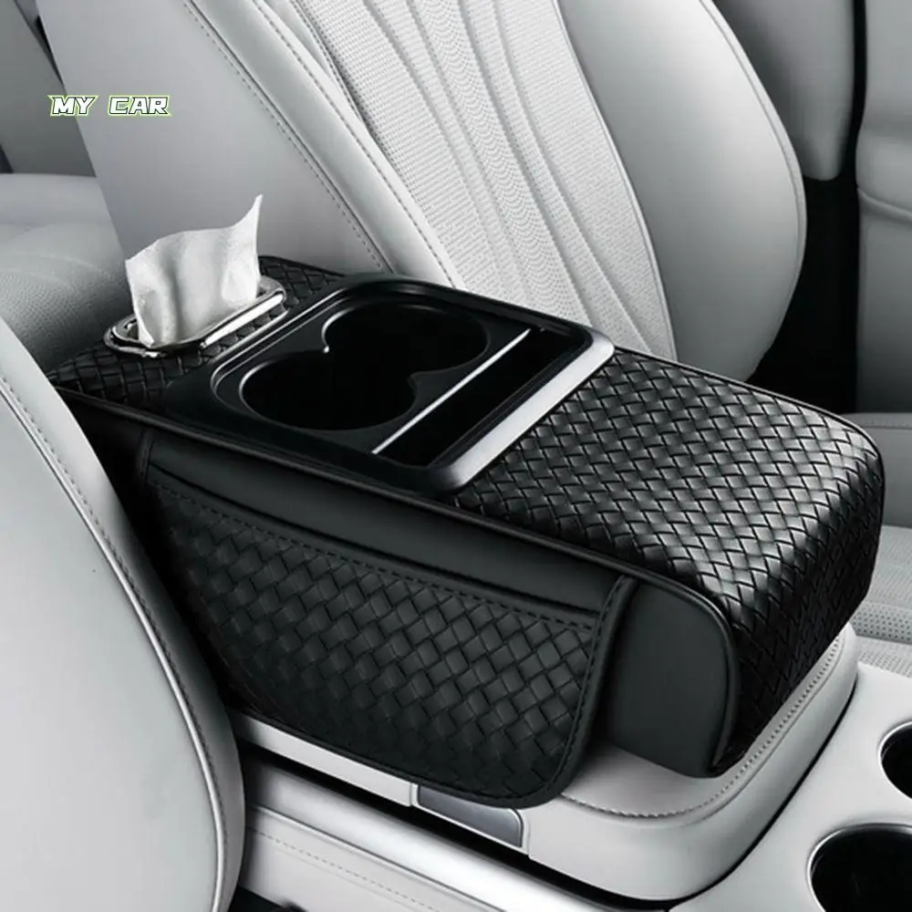 

Cup Holder Armrest Heightening Cushion Side Storage Pockets Phone Slot Auto Armrest Cover Weaving Grain Comfortable