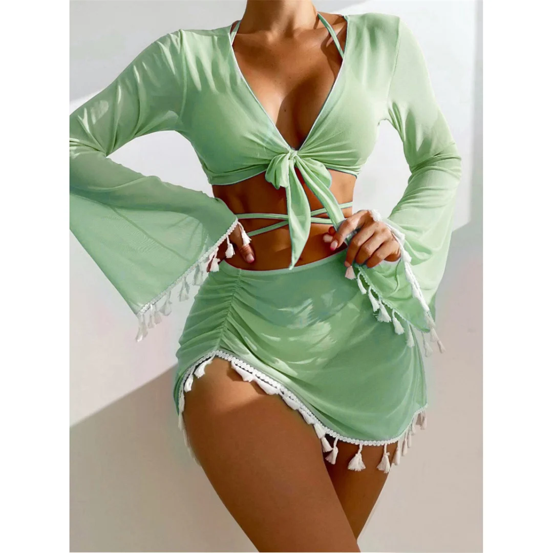 S - XL, mit Fransenrock, langärmeliges Bikini-Set für Damen, Badebekleidung, vierteiliges Bikini-Set, Badeanzug, Badebekleidung, Modell V7060. – Detail 25
