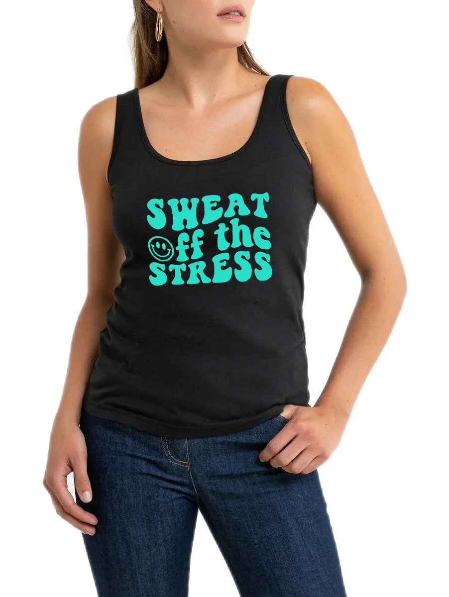 

Sweat Off The Stress Design Breathable Tank Top Women Gym Exercise Workout Sleeveless Tee Summer Elegant Tops