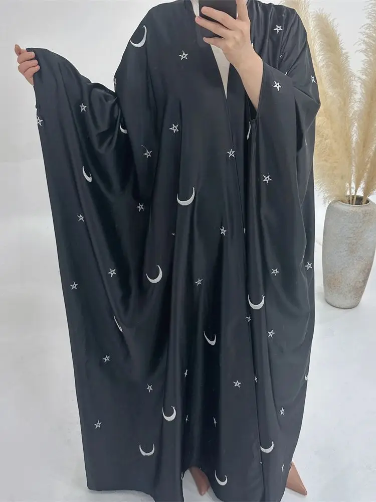 Open Satin Star Moon Embroidery Batwing Abaya Dubai Luxury Modest Kimono Muslim Palestine Abayas for Women Islam Clothing Kebaya