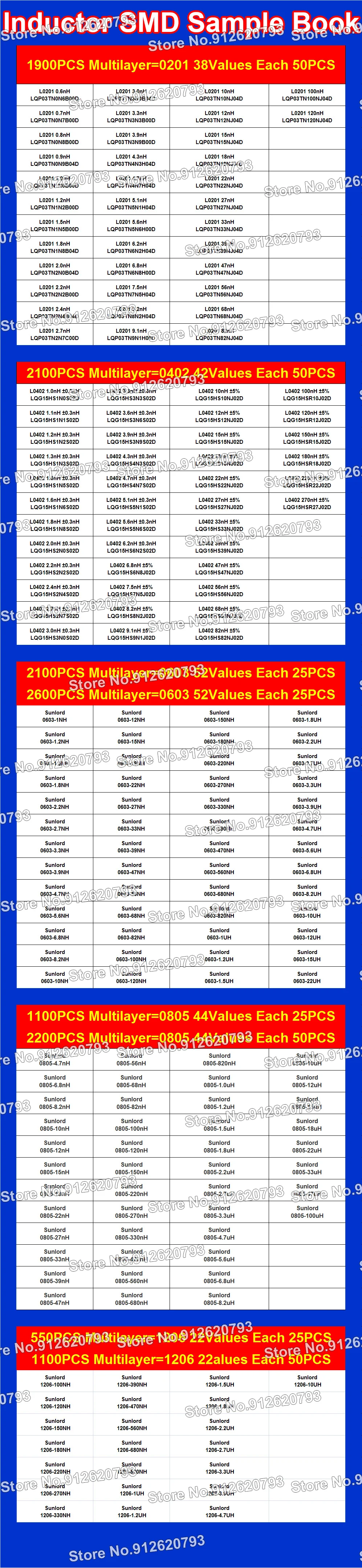 SMD Sample Book 550PCS 1100PCS 1300PCS 1900PCS 2100PCS 2600PCS 0402 0603 0805 1206 Stackup Inductor Multilayer Ceramic Inductor