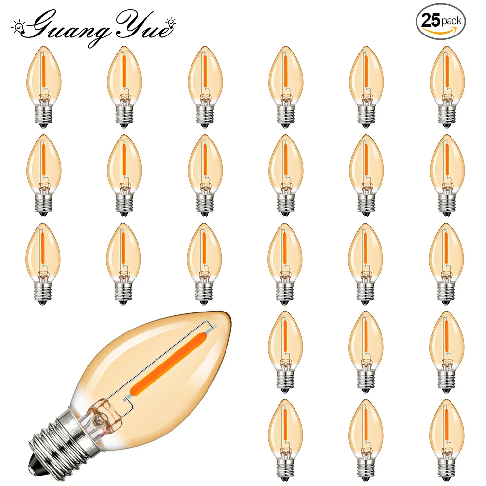 25pcs Decorative LED Filament Night Light Bulb Replacements E12 220V 110V C7 0.5W Amber Glow 5w Incandescent for Garland Light