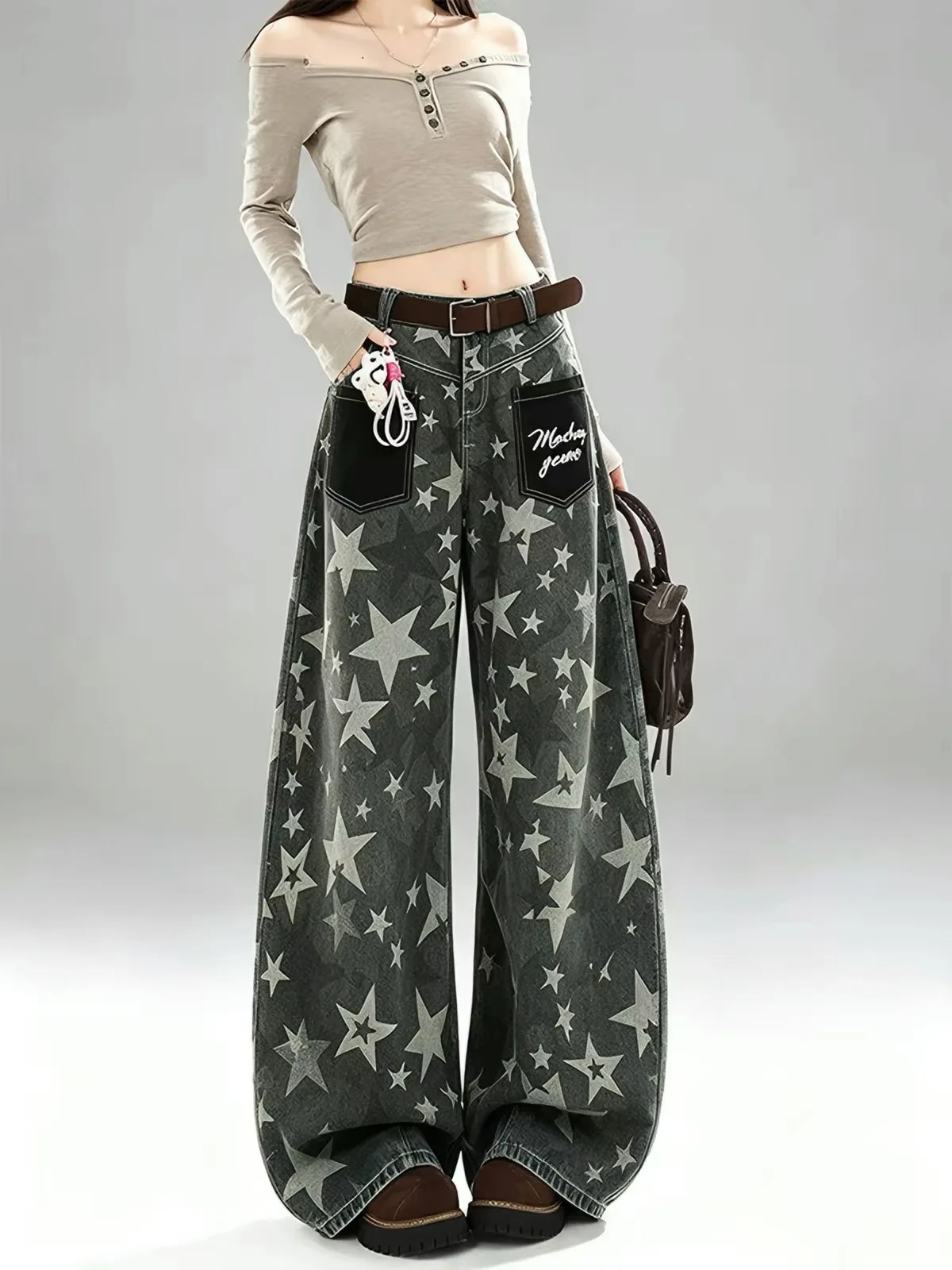 Casual Camouflage Star Workwear Loose Wide Leg Pants for Pear Shaped Body Autumn 2026 New Style American High Waist Jeans