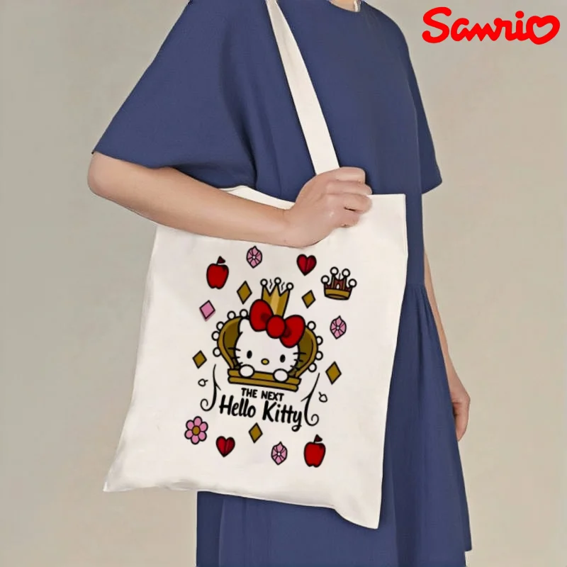 

1pc Sanrio Hello Kitty Crown Canvas Tote Bag, Queen Print Casual Shoulder Bag, Eco-friendly Reusable Handbag