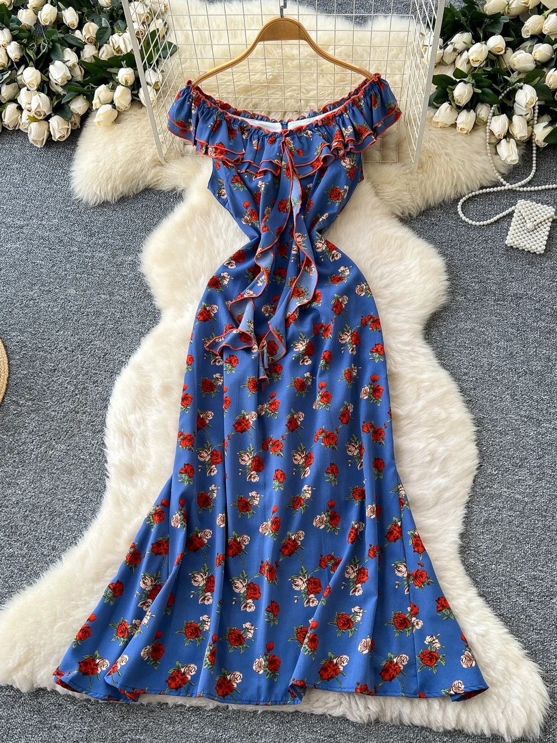 레트로 플로럴 프린트 여름 원피스 여성 A라인 미디 스커트 하이웨이스트 주름 어깨 원숄더 플리츠 피쉬테일 드레스