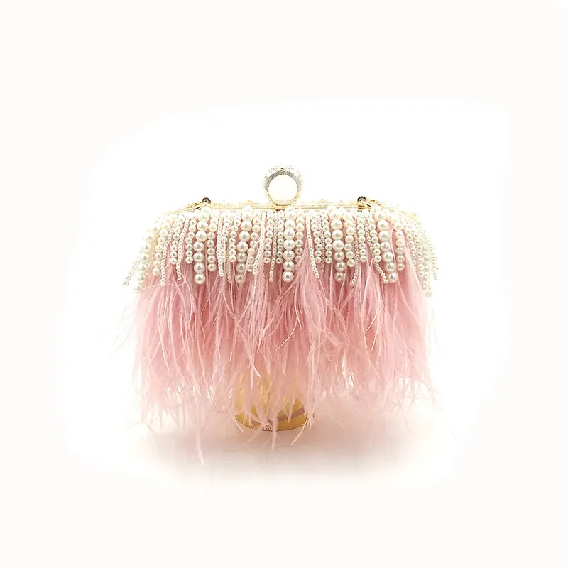 Luxury handbag purse ladies ostrich feather pearl diamond ring chain women's furry bags fur purses clutch evening bag