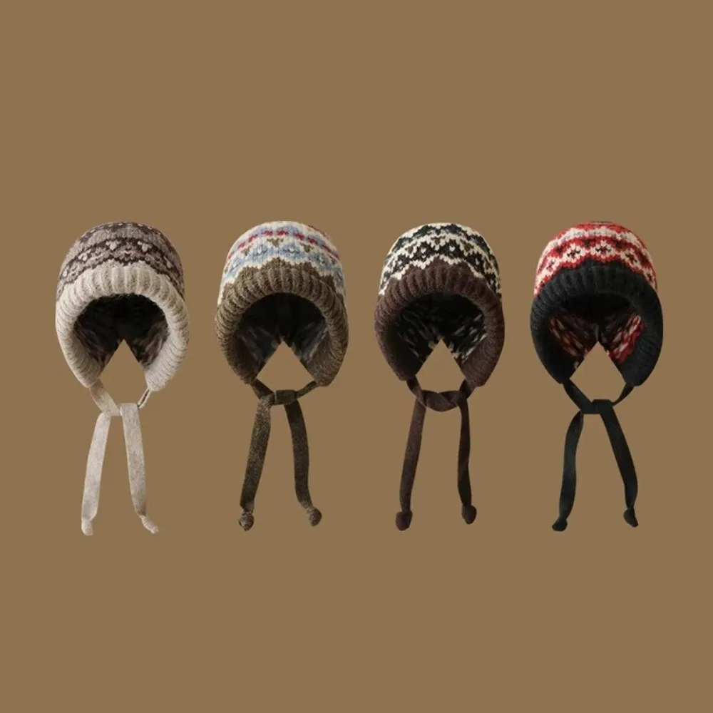 Fashion With Strap Jacquard Knitting Hat Wind-Resistant Ear Protection Pullover Bonnets Lace up Warm Beanies Cap