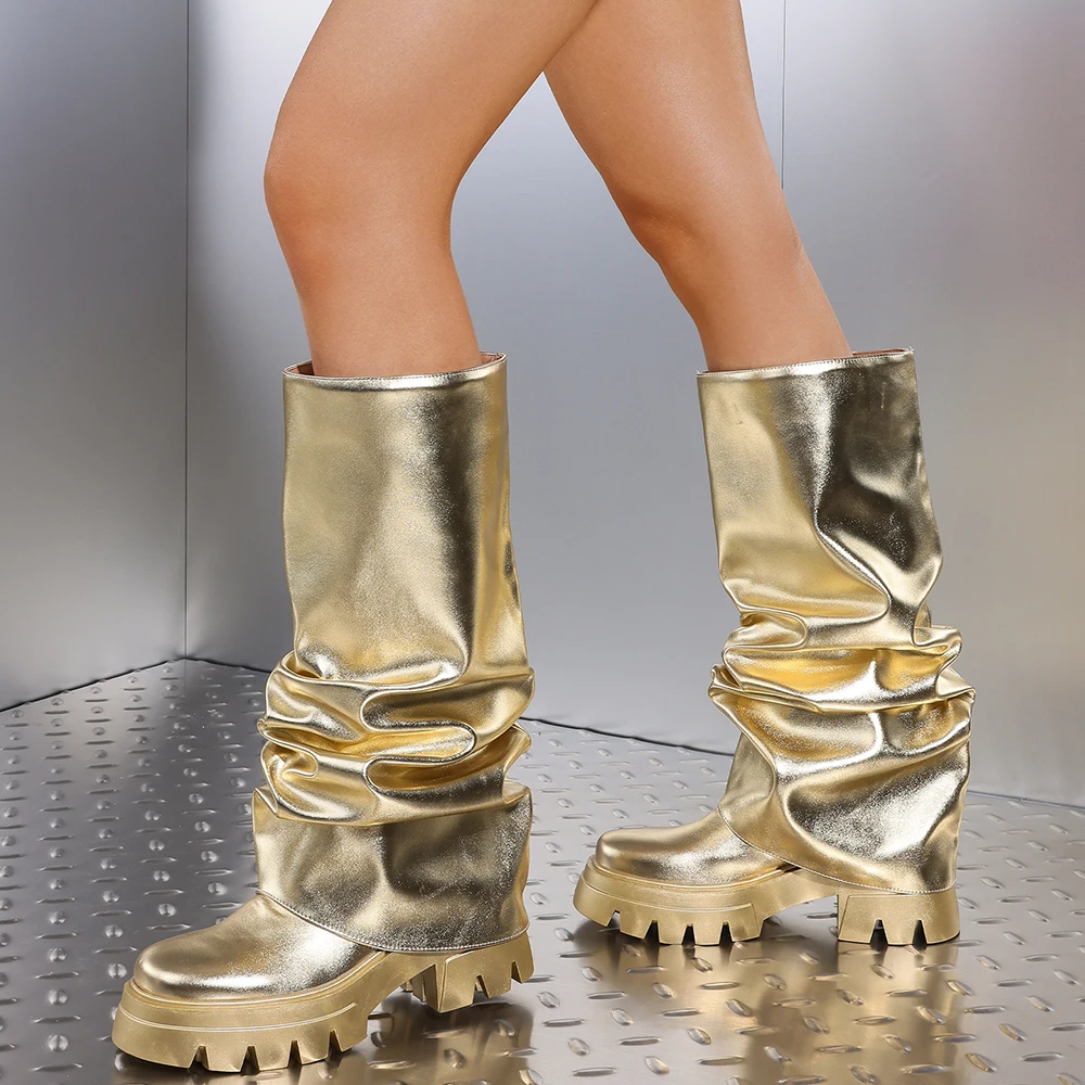 Nuovi stivali da donna pieghevoli con tacco grosso e punta tonda di lusso Fashion Street Shoot INS stivali da discoteca metallici donna