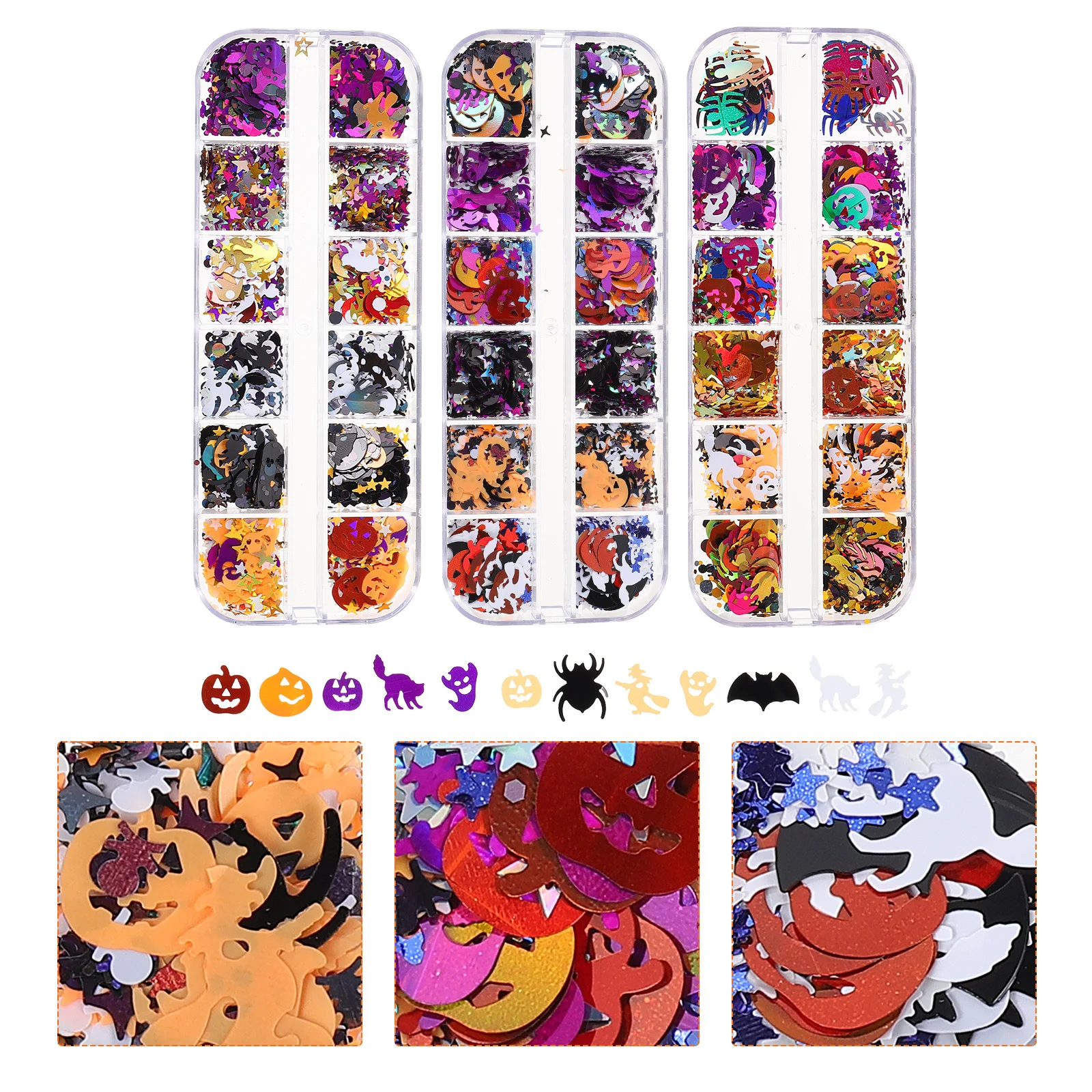 

3 коробки с 3D-пайетками и блестками для маникюра, декора ногтей на Хэллоуин, накладок и украшений для ногтей для женщин