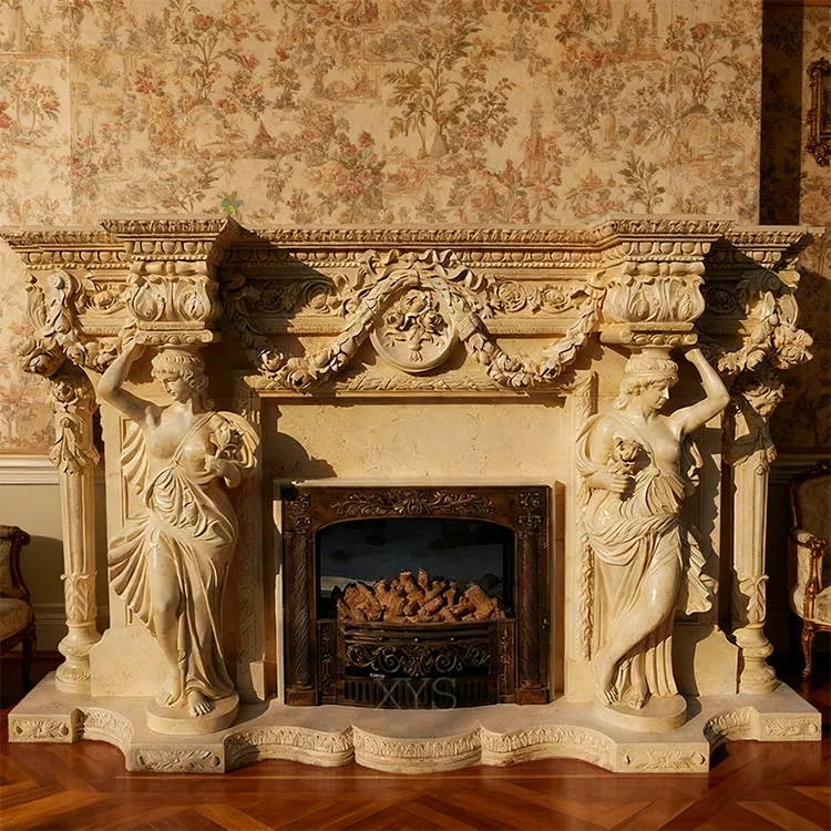 

Custom-made Modern Design Villa Fireplace With Marble Heated Feature Lady Statue Column With Remote Control Indoor Use