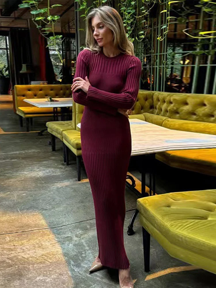 

Elegant Knit Ribbed O-neck Maxi Dresses Women Slimming Solid Long Sleeved Dress Lady 2025 Spring Fashion Chic Streetwear Robes