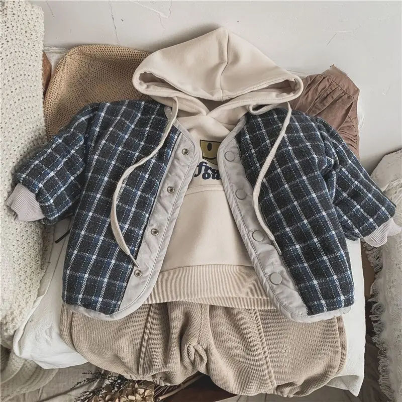 HoneyCherry Boys and Girls Vintage Cotton Plaid Jacket Warm Short Cotton Jacket Kids Jacket