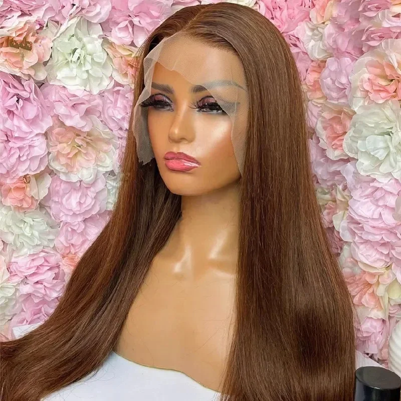 

Brown 26'' 180Density 5x5 Silk Base Silky Straight Preplucked Jewish Human With BabyHair HD Lace Wig European Hair Glueless