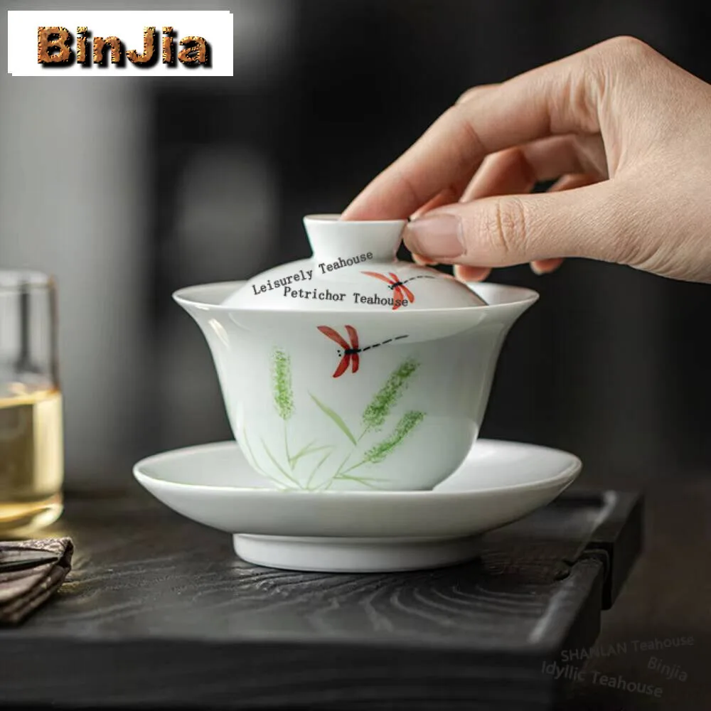 

170 мл ручная роспись Dragonfly Gaiwan ретро белый фарфор три таланта чайная варенья бытовая чайница крышка чаша чайная посуда подарок