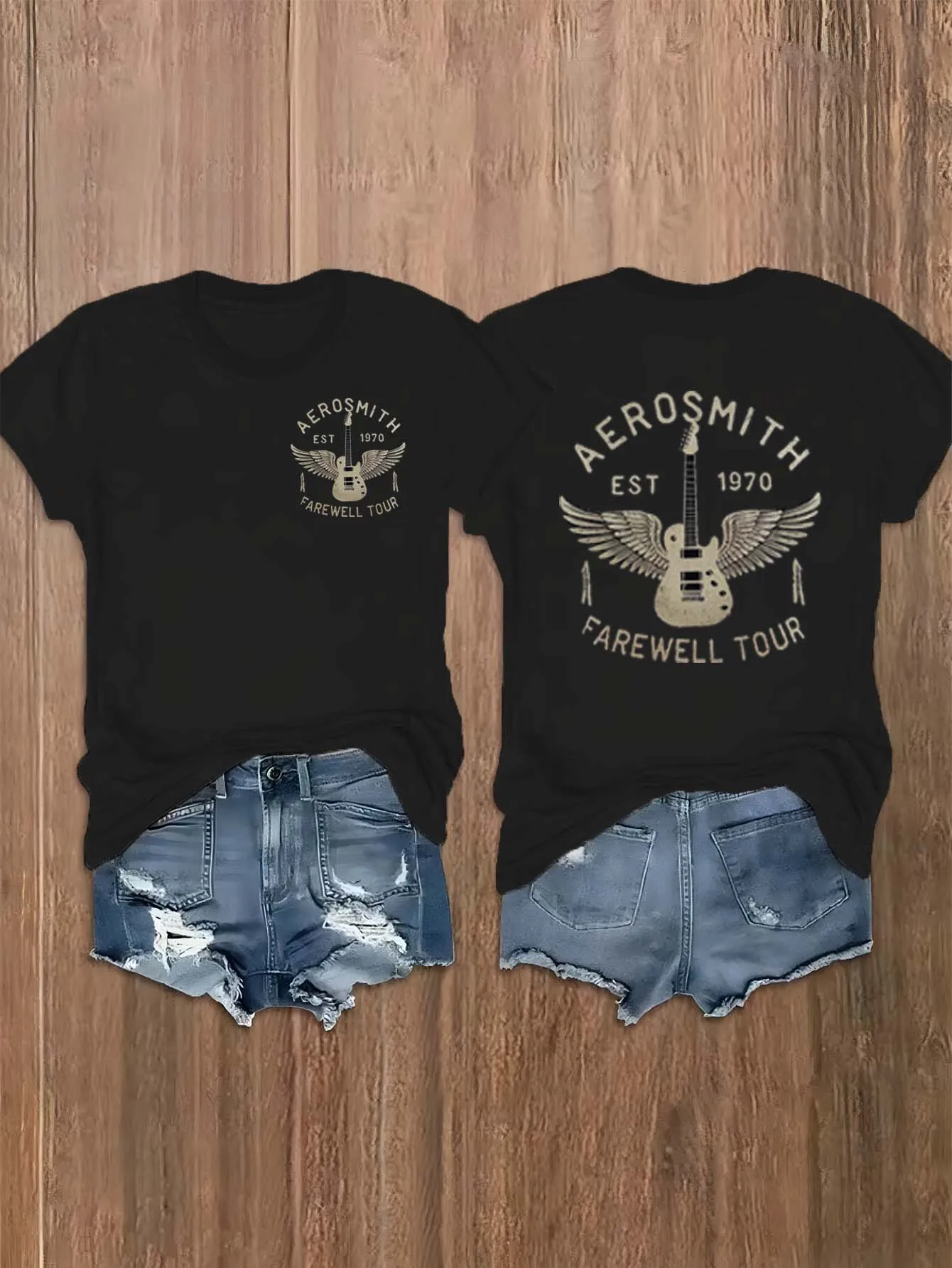 

Plus Size Chic Aerosmith Farewell Tour Motif Front Back Print Sophisticated Rock Fashion Shirt