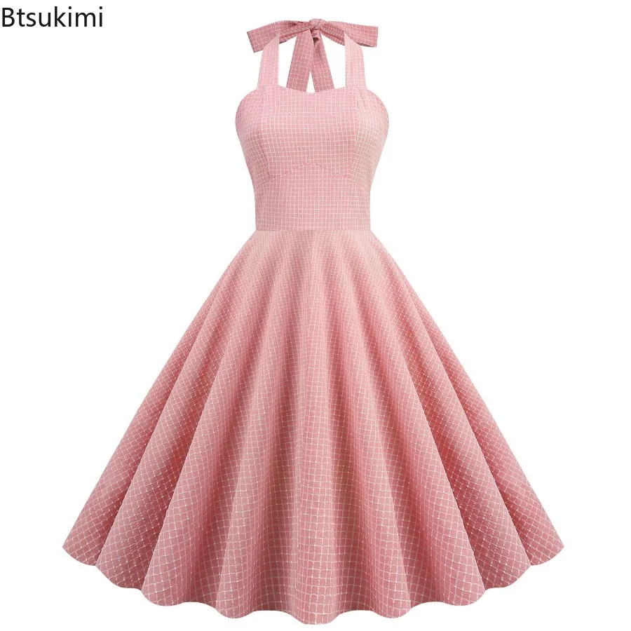2025年新作 レディース ヴィンテージ ホルターネック ドレス 夏 小さな格子柄 レトロ カジュアル ビッグスカート ヘム ドレス ロカビリー カクテル パーティー ドレス