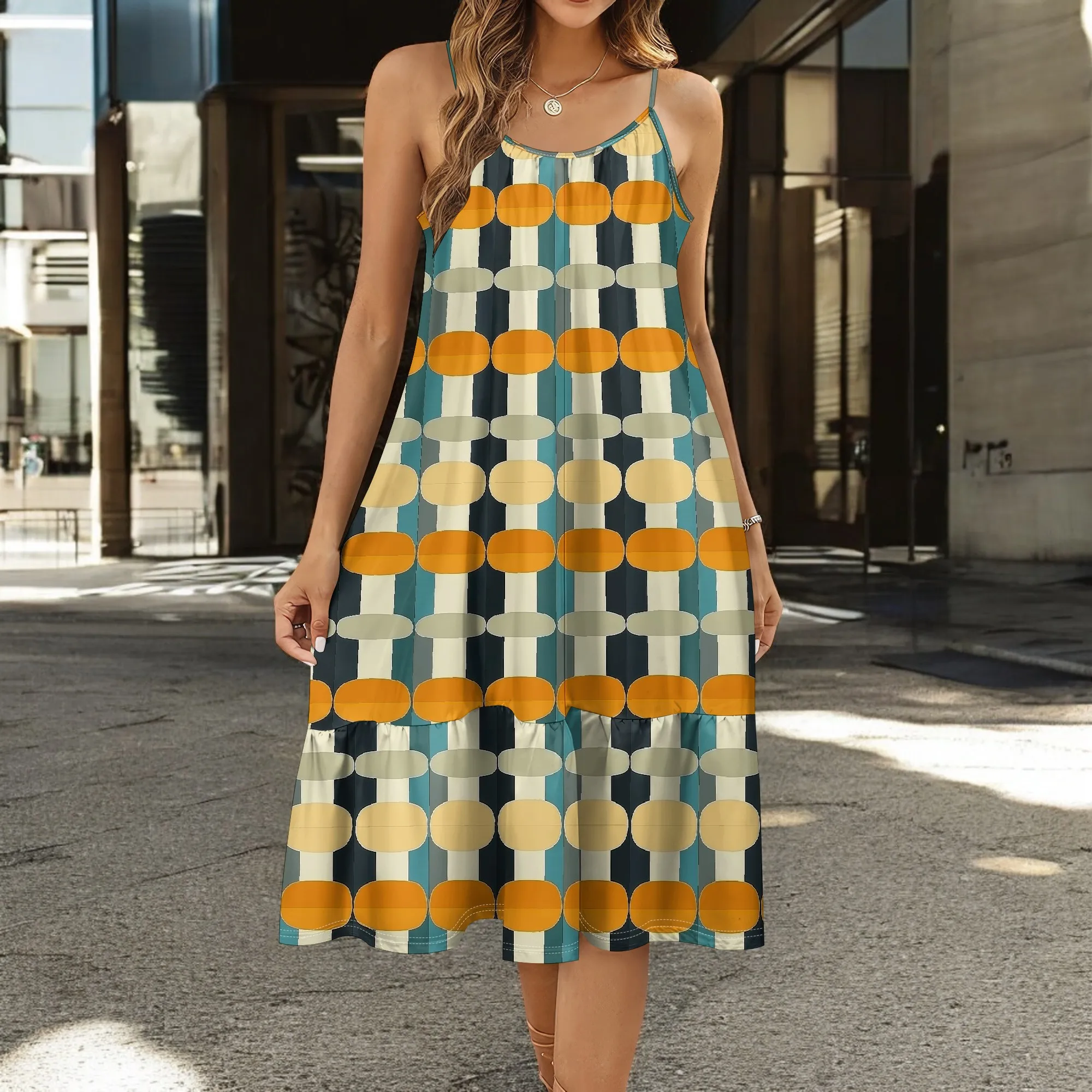 

Afrocentric Spaghetti Strap Retro Dot Print Dress Women's S-3XL for Summer Casual or Streetwear Look
