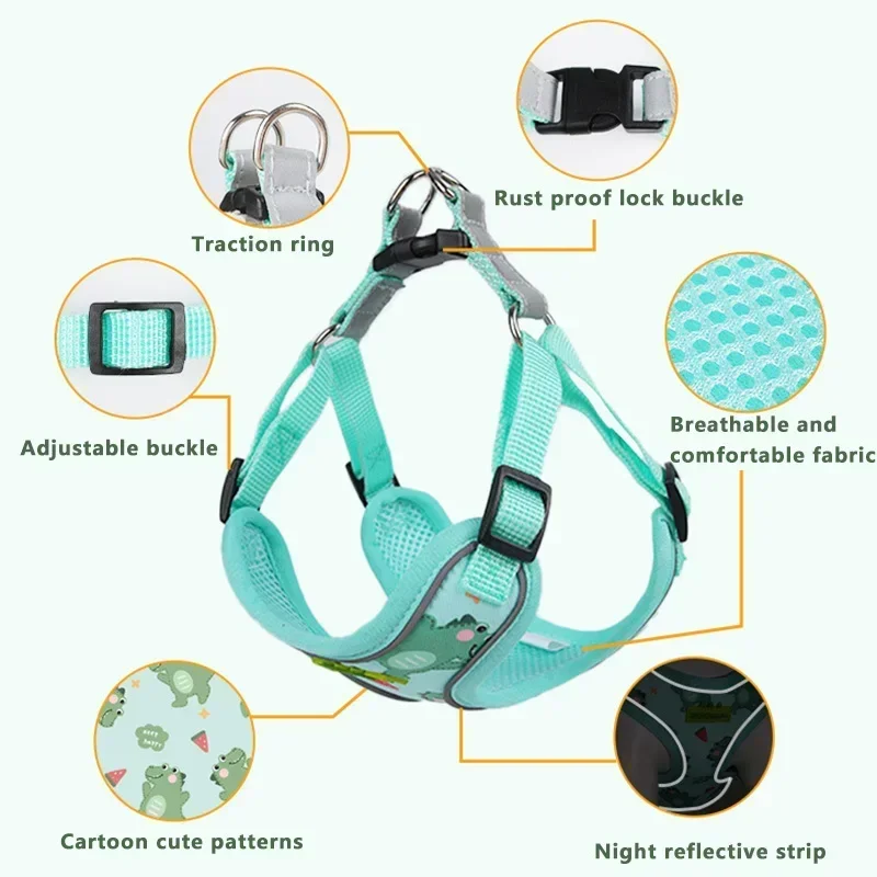 Pet Cartoon Dinosaur Cute Harnesses Breathable Mesh Chest Strap Traction Rope Small Dogs Reflective Chest Strap Pet Supplies