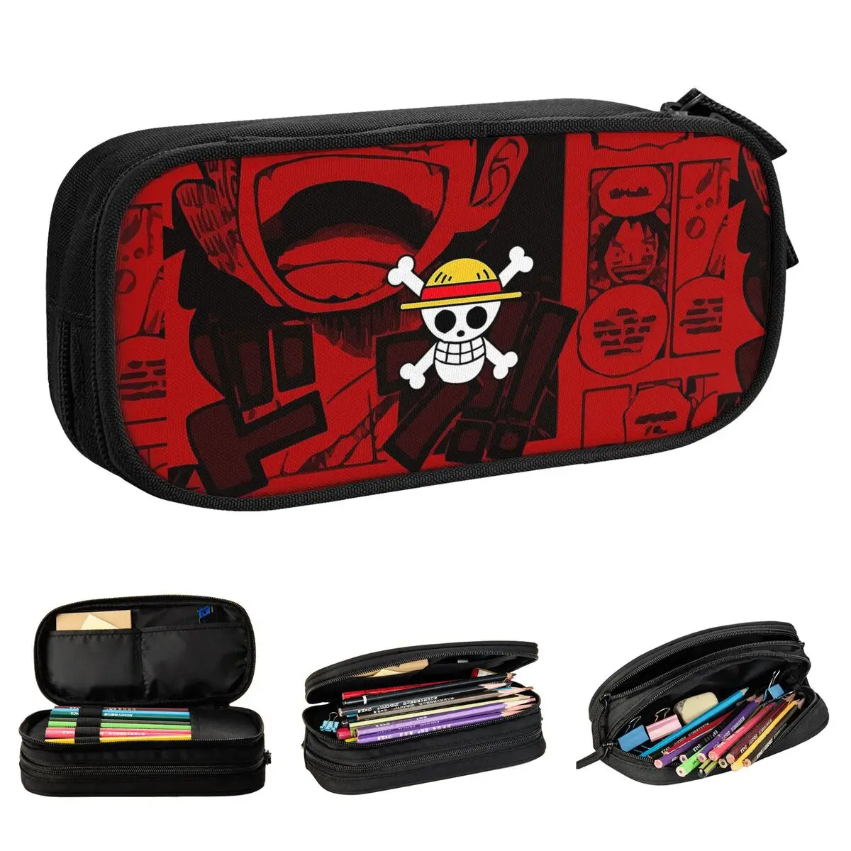 Bonito Luffy Pirate Flag Pencil Case, Porta-caneta para estudante, Saco de armazenamento grande, Papelaria de escritório