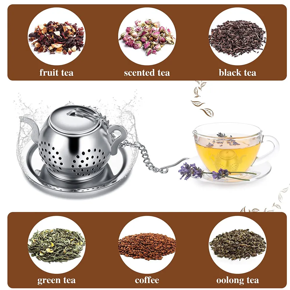 

1x Metal Tea strainer Teapot Shape Loose Tea Infuser Stainless Steel Leaf Tea Maker Strainer Chain Drip Tray Herbal Spice Filter