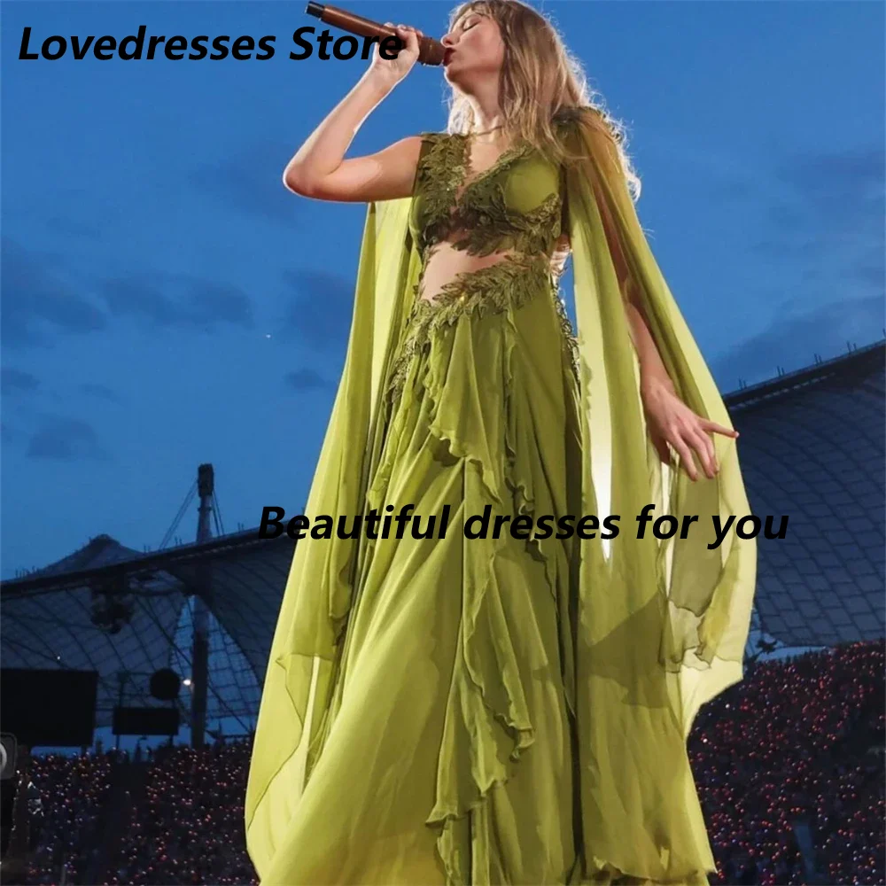Green Leaf Appliques V-Neck Evening Dress Cut Out Long Sleeves Evening Gowns Customized A Line Tiered Lace Up Back Prom Dress