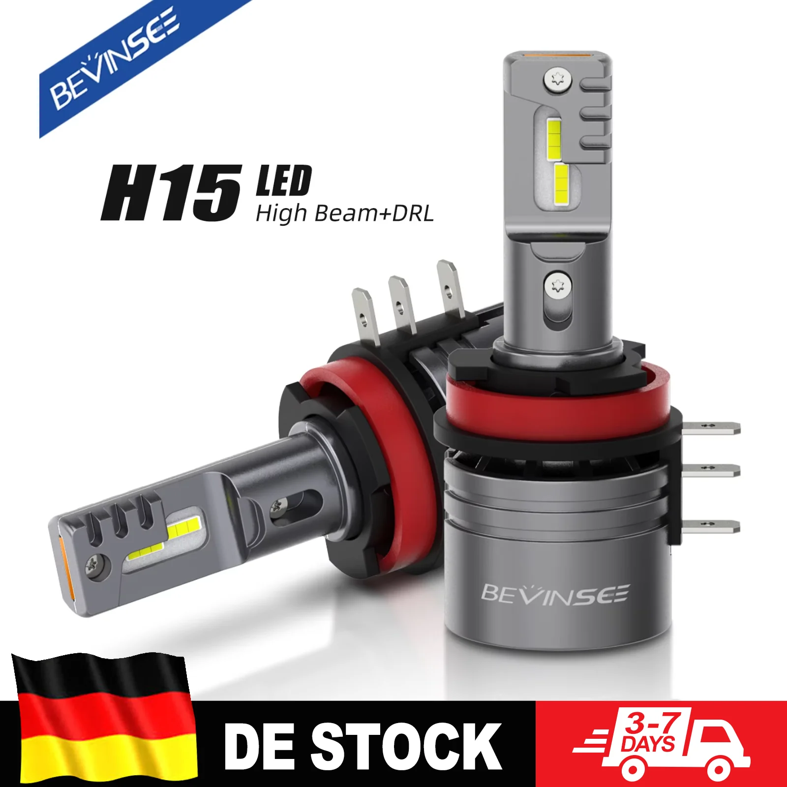 BEVINSEE H15 LED Auto-Glühbirnen Fernlicht + DRL Tagfahrlicht Turbofan LED Autolampe Hohe Helligkeit 6000K Weiß für BMW Audi Ford VW Benz Mazda 12V