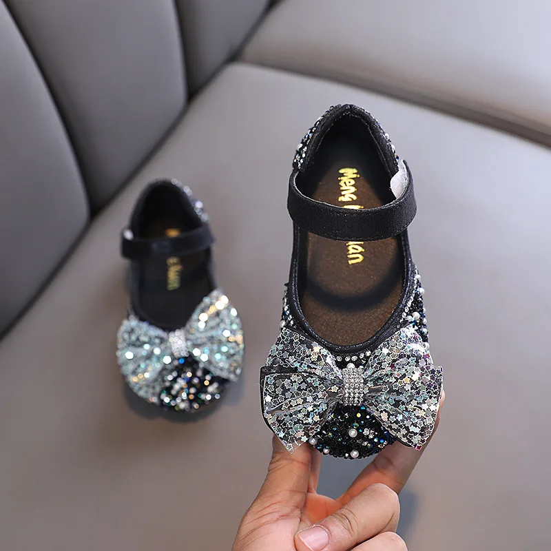 

New Spring Girls Lace Bow Leather Shoes Baby Kids Bling Flats Wedding Shoes Children's Pearl Non-slip Princess Shoes