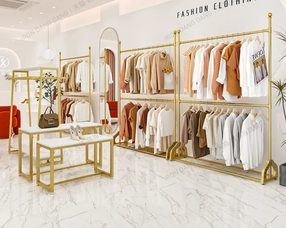 

Women's clothing store shelf display rack, floor standing wrought iron gold double row lifting clothing store hanger