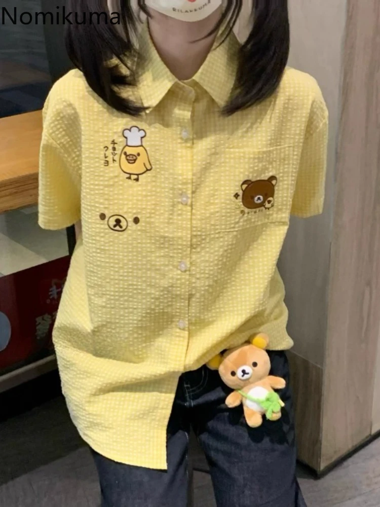 

Japanese Blouses for Women Loose Short Sleeve Plaid Shirt 2025 Camisas De Mujer Cartoon Print Cute Summer Blouse Tops Female