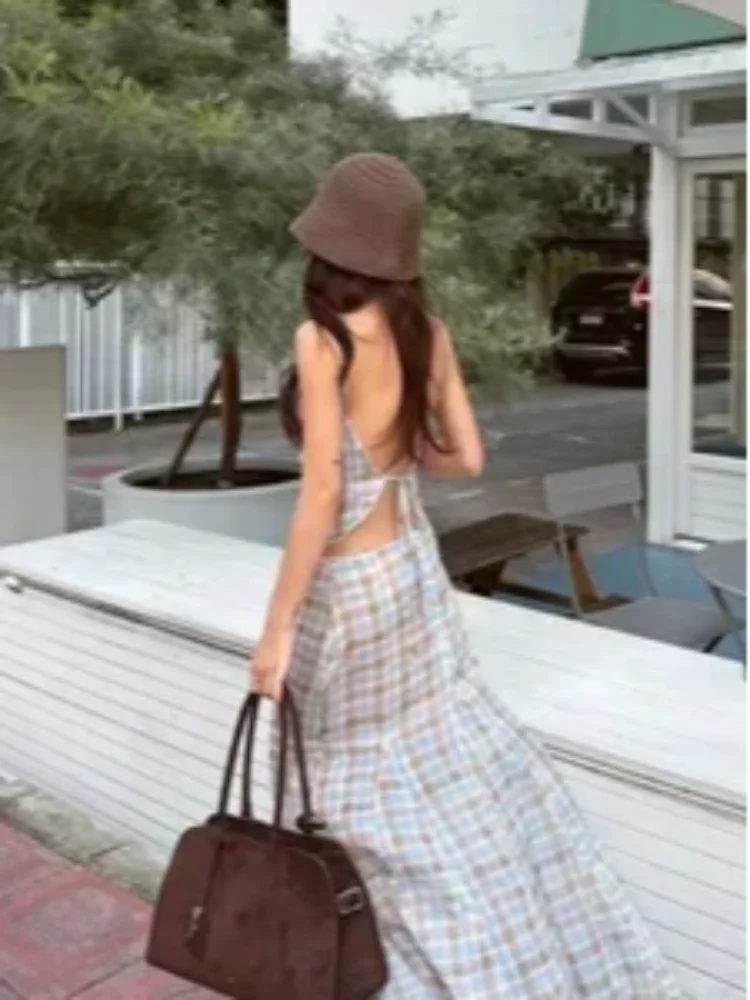 

Fashion Classics Clear Lace Edge V-neck Backless Woman Camisole Top Harajuku Aesthetics Slim Ruffle Edge Skirt Summer Plaid Sets