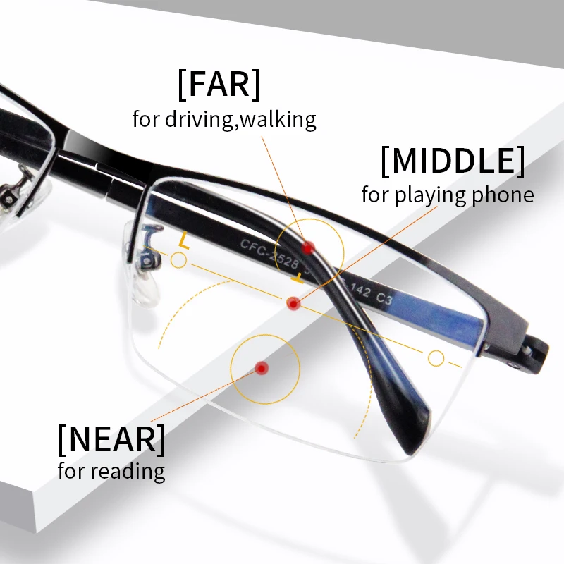 Progressive Multifocus Reading Glasses Men, Blue Light Blocking Presbyopia Eyeglasses,Lightweight half Frame,Hard & Multi-coated