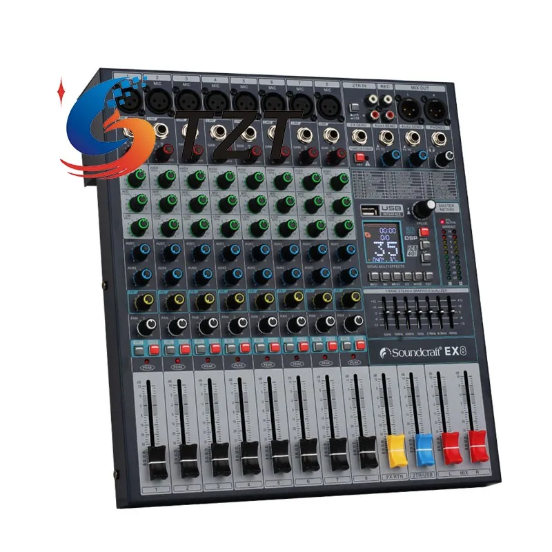 TZT EX8 8-Channel Portable Audio Mixer Bluetooth USB Reverberation Professional Mixer for Stage Performance Support MP3 Input