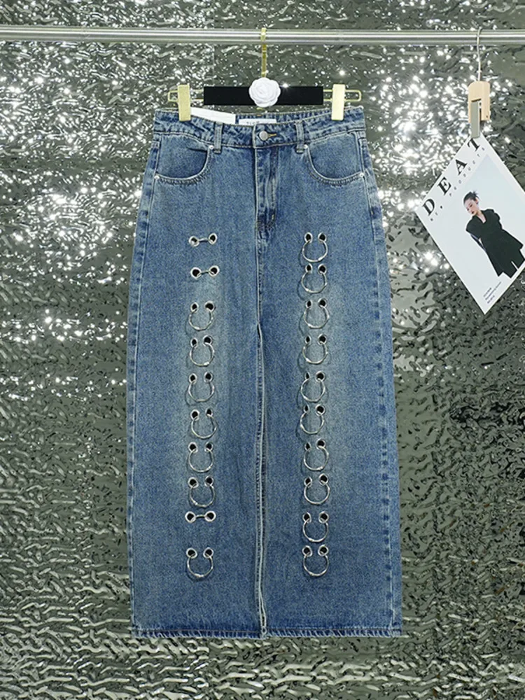 DEAT Women's Denim Skirt High Waist Split Metal Circle Unique Design Blue Female Long Skirt Autumn 2024 New Fashion CP2A0083