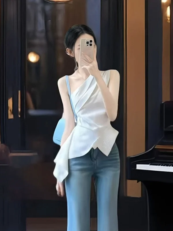 

Асимметричный облегающий топ с открытыми плечами для женщин, летняя новинка, с завышенной талией, модный повседневный стиль