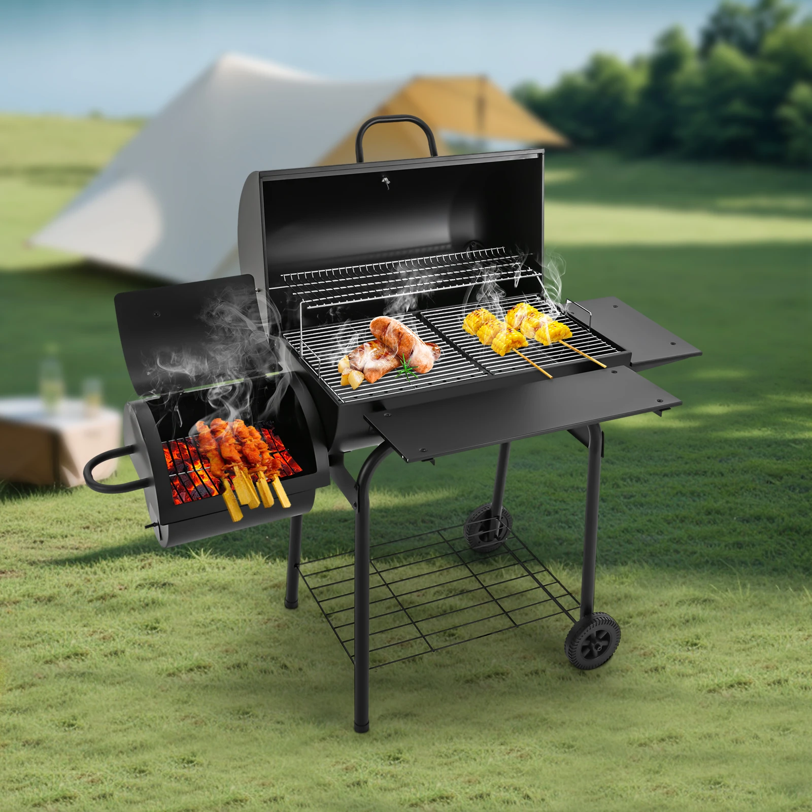 Freistehender Outdoor-Holzkohlegrill aus legiertem Stahl, 147*70*126cm, mit Thermometer und Grillgittern für Picknicks, Grillabende und Camping. – Detail 2