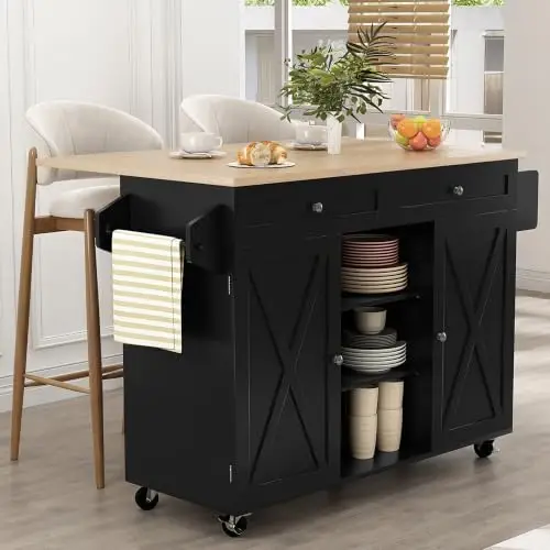 Farmhouse Kitchen Island On Wheels, Black | Rolling Island Cart with Drop Leaf Countertop, Barn Door Island Table with